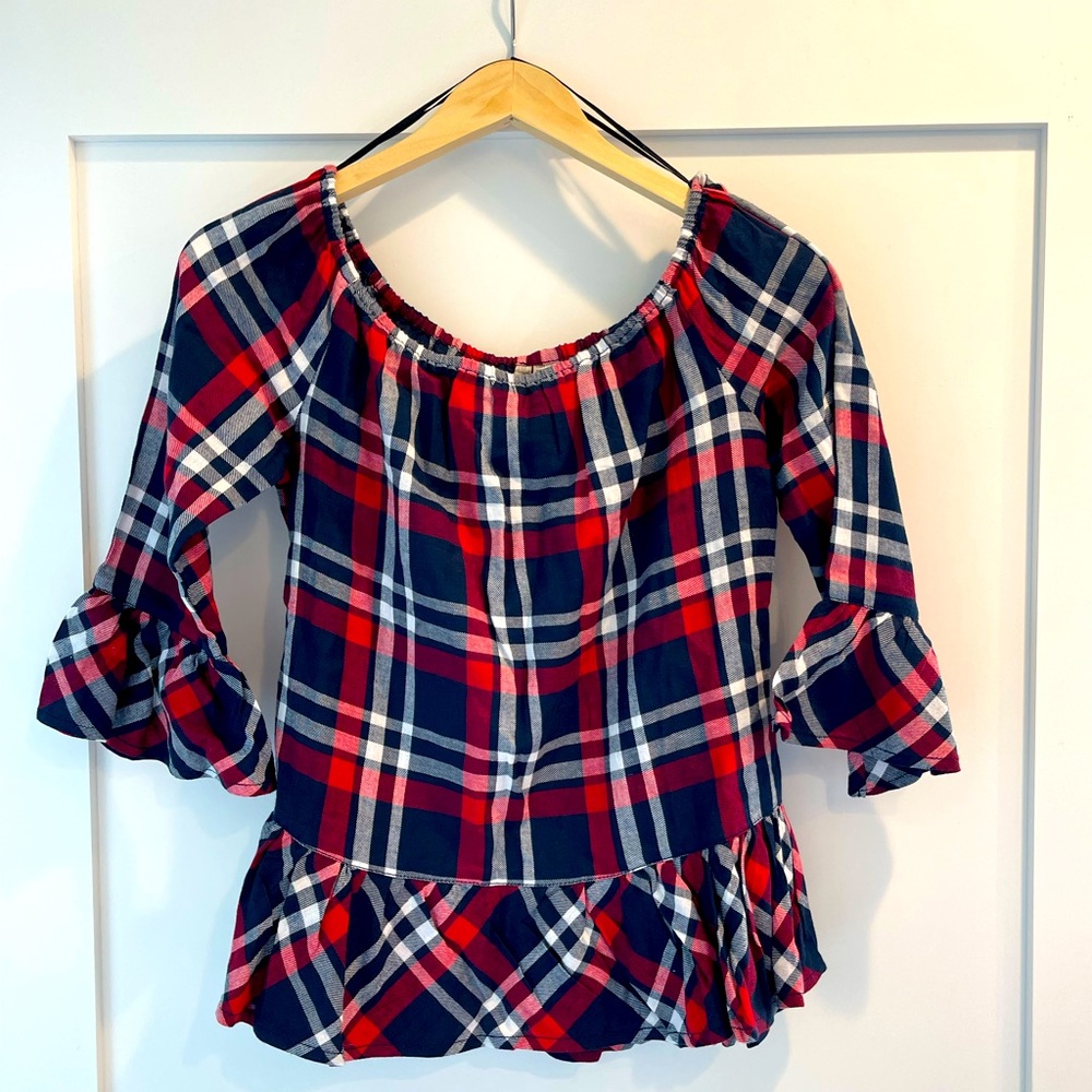 Plaid off the shoulder blouse